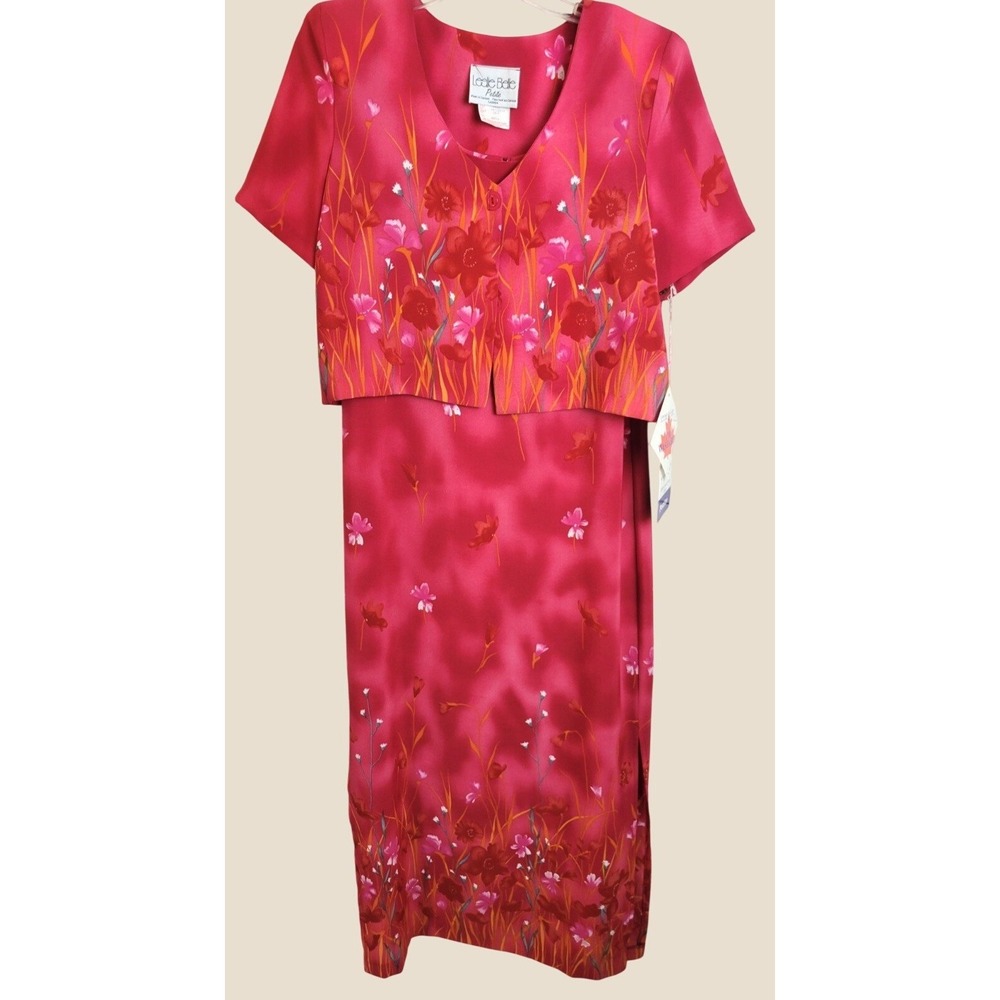 NOS Leslie Belle Dress Set Vintage 90s Floral Maxi Jacket 6P Pink Red Orange